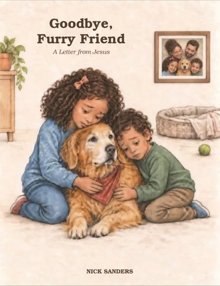 Cover of Goodbye, Furry Friend: A Letter from Jesus, showing two children hugging a golden retriever